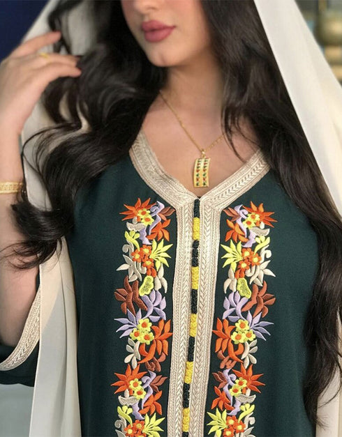 Floral Embroidery Pleated Long Dress For Women